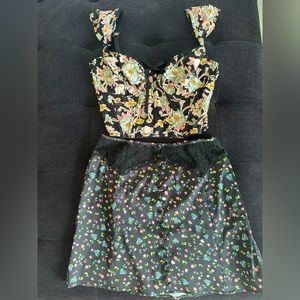 Victoria secret top bralette and satin/silk lace flower mini skirt , like new